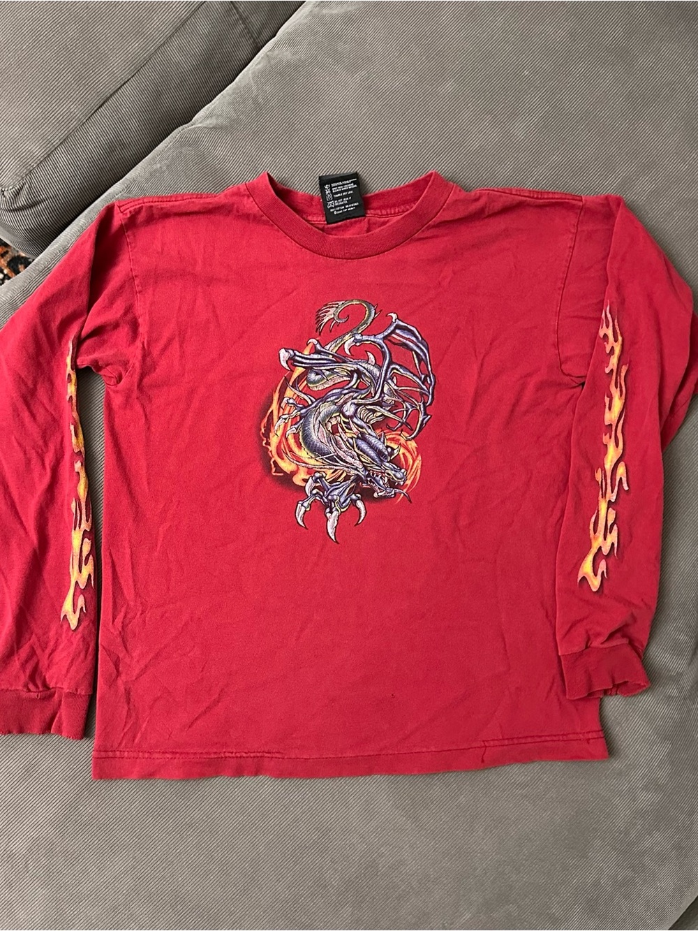 Vtg Y2K Top Heavy Long Sleeve Shirt Dragon Iron Cross Faded Red Youth Large